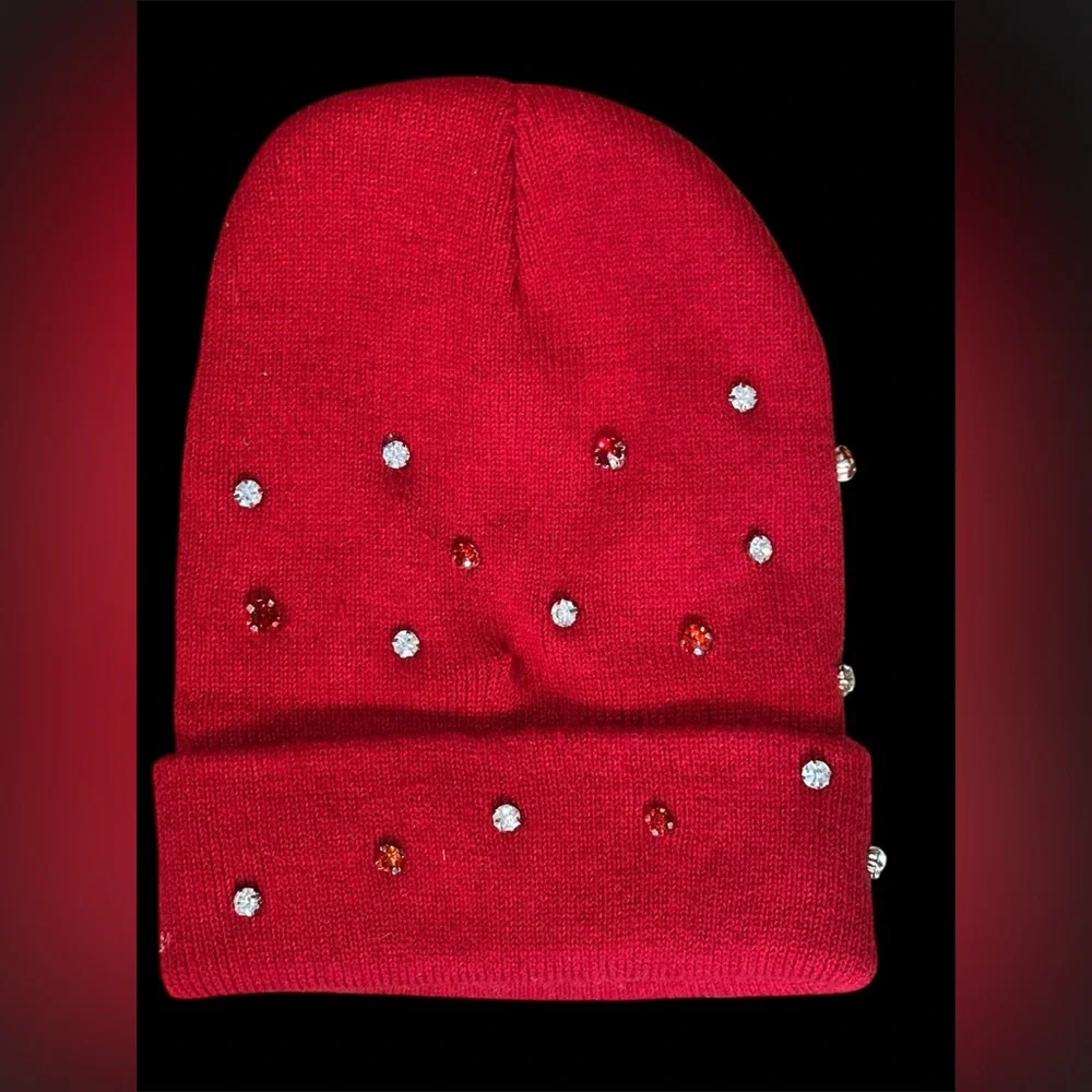 Red Beanie with Hand Sewn Rhinestone Accents All the Way Around.NWOT